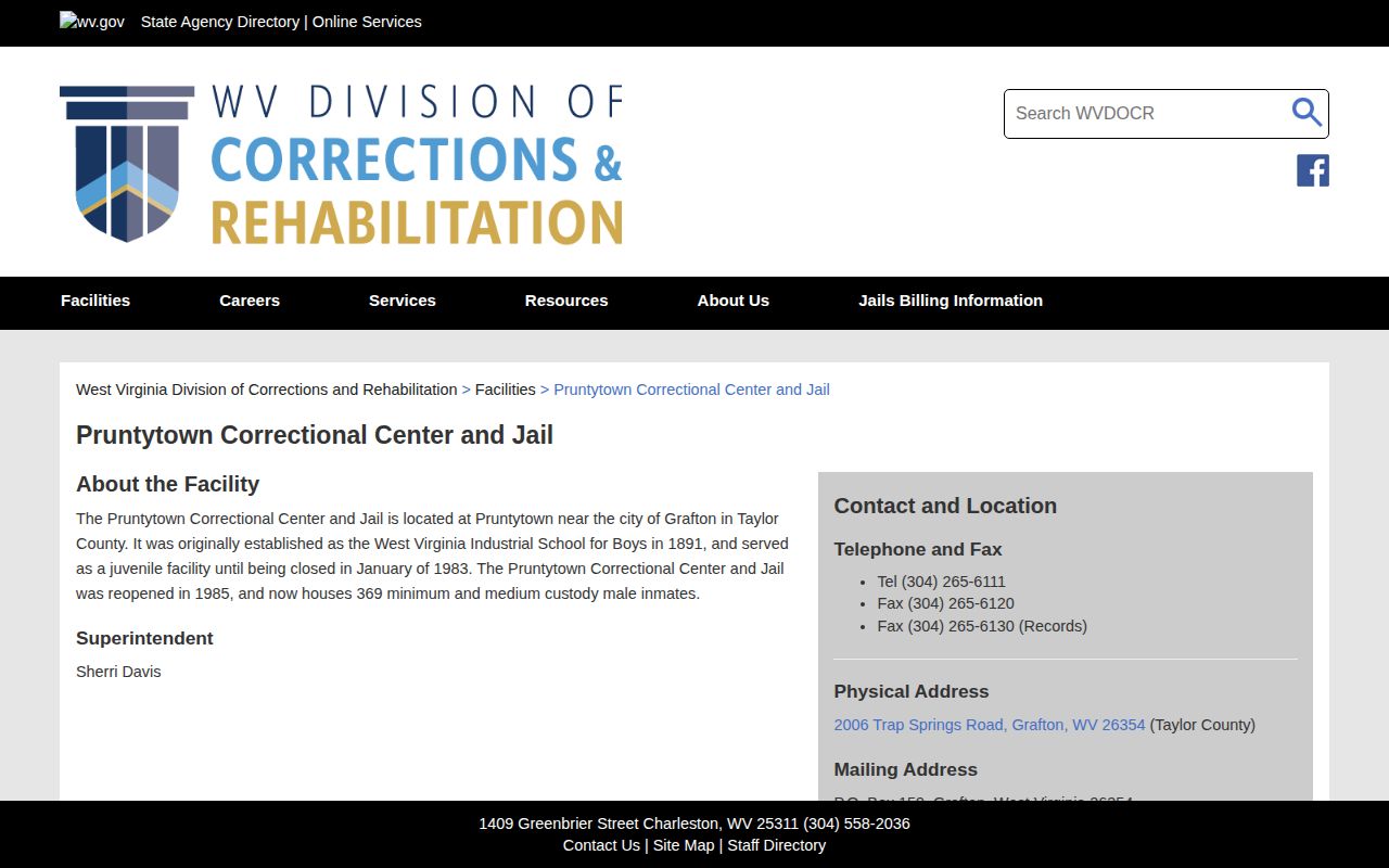 Pruntytown Correctional Center release role and WVDCR records contact