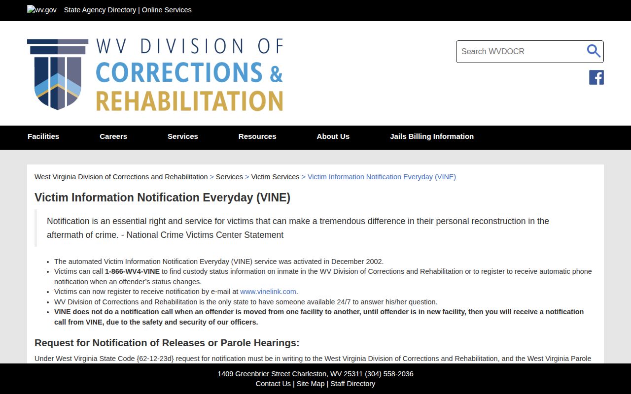 Taylor County VINE inmate check WVDCR notification page